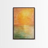 Golden Sunset Horizon Framed Canvas Print Warm Minimalist Wall Art, Serene Ocean Painting, Modern Living Room Decor, Calming Tones