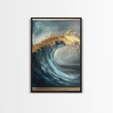 Majestic Ocean Wave Canvas Print Abstract Coastal Art, Gold and Blue Beach Wall Decor, Surfing Aesthetic, Living Room Accent