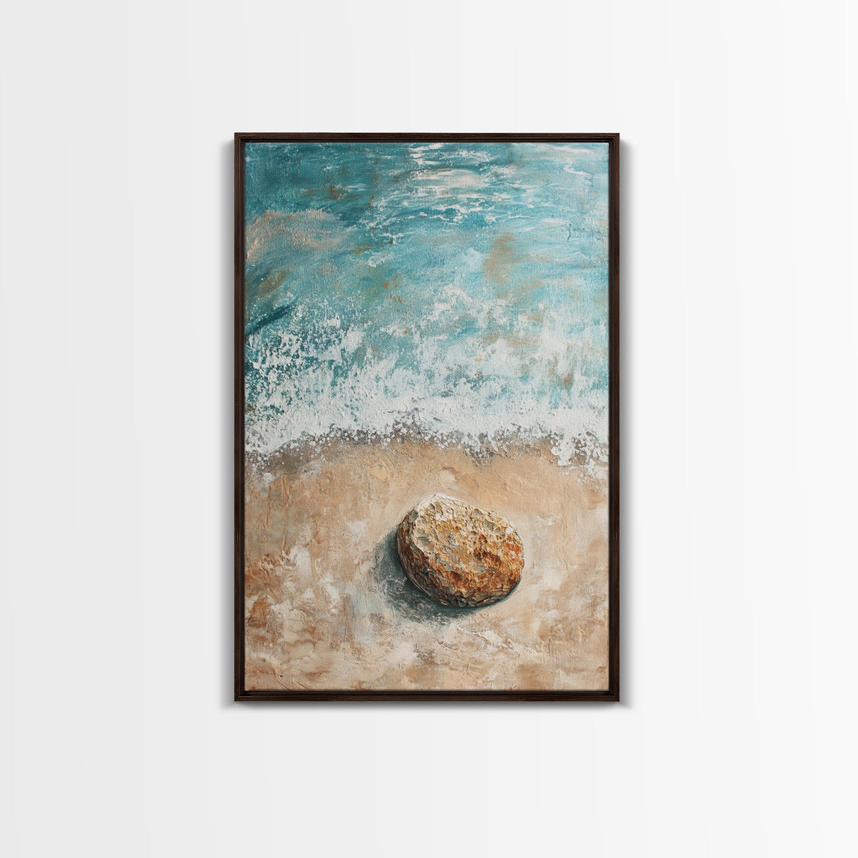 Serene Beach Stone Canvas Print Tranquil Ocean Art, Coastal Zen Wall Decor, Relaxing Beach House Style, Minimalist Seascape Painting