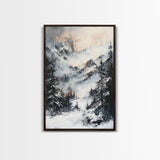 Snowy Mountain Scene Canvas Print Winter Wonderland Wall Art, Alpine Landscape Painting, Cozy Cabin Decor, Neutral Holiday Artwork