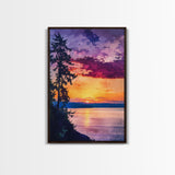 Serene Lakeside Sunset Canvas Print, Nature Wall Art, Water Reflection Painting, Tranquil Landscape Art, Peaceful Home Decor, Bedroom Art