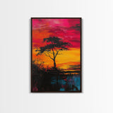 African Sunset Framed Canvas Print | Savanna Landscape Painting | Tree Silhouette Wall Art | Warm Sunset Decor | Rustic Home Art