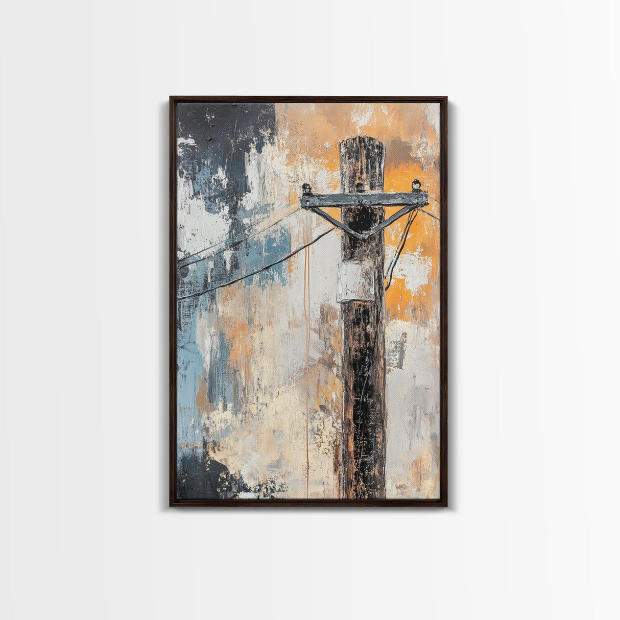 Rustic Telephone Pole Framed Canvas Print Industrial Wall Art, Urban Grunge Decor, Abstract Cityscape Painting, Modern Office Artwork