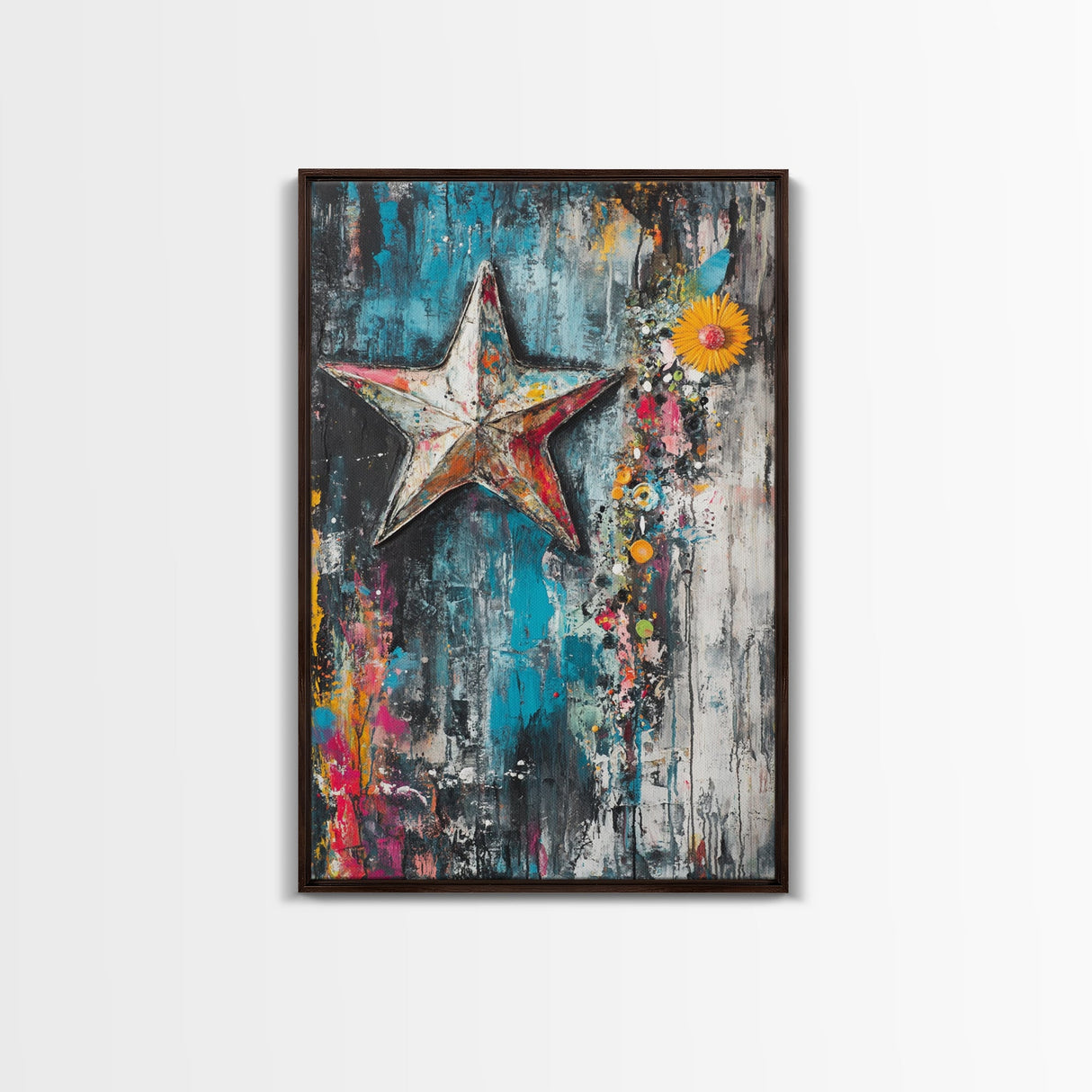 Metal Star Rustic Framed Canvas Print Patriotic Wall Art, Western Home Decor, Distressed Americana Artwork, Country Farmhouse Style