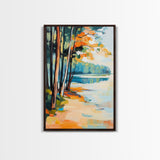 Lakeside Forest Art Framed Canvas Print Autumn Landscape Painting Serene Nature Wall Decor Warm Cozy Home Aesthetic Rustic Living Room