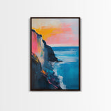 Sunset Cliff Framed Canvas Print Coastal Seascape Wall Art Vibrant Ocean Painting Modern Beach House Decor Relaxing Home Gift
