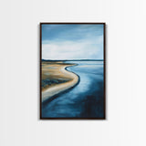 Serene Shoreline Framed Canvas Print Minimalist Coastal Landscape Wall Art, Beach Tranquility Painting, Nautical Home Decor