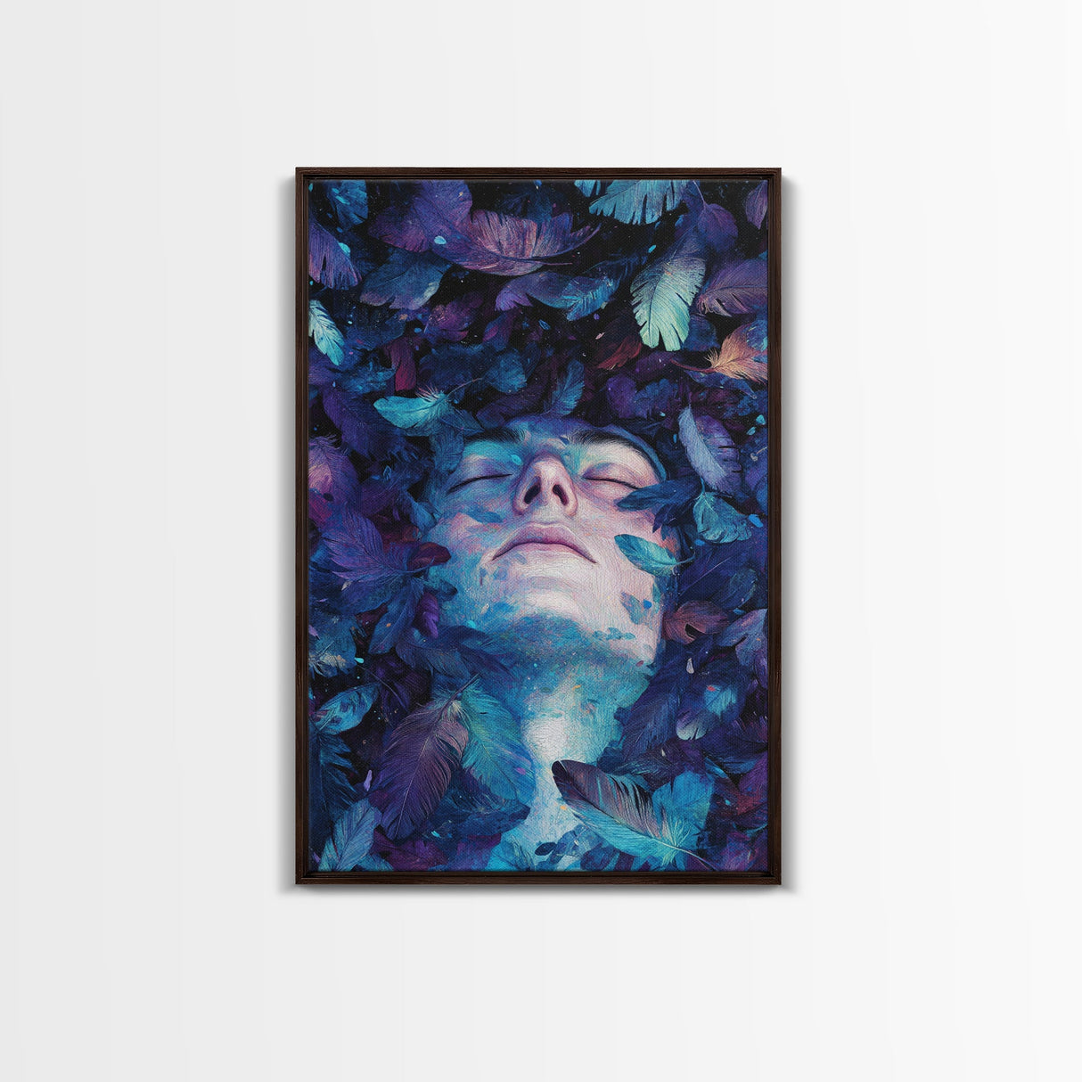 Dreamy Blue Feathers Canvas Print | Ethereal Surreal Art | Boho Bedroom Decor | Unique Abstract Painting | Cosmic Wall Art