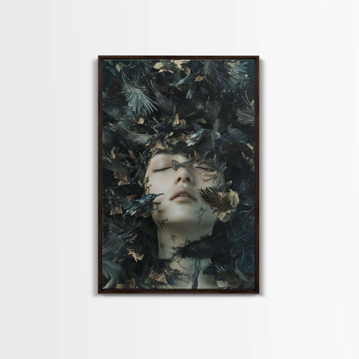 Dark Mystic Bird Canvas Print - Surreal Gothic Art, Moody Wall Decor, Dramatic Dreamscape Painting, Black Feather Fantasy Artwork