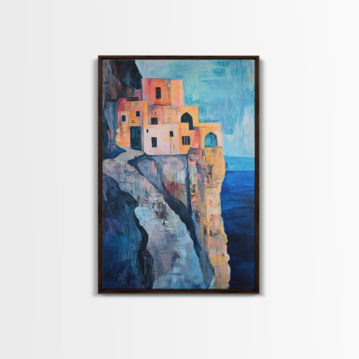 Cliffside Village, Mediterranean Art, Coastal Wall Art, Seascape Painting, Boho Art, Rustic Wall Art, Framed Canvas Print