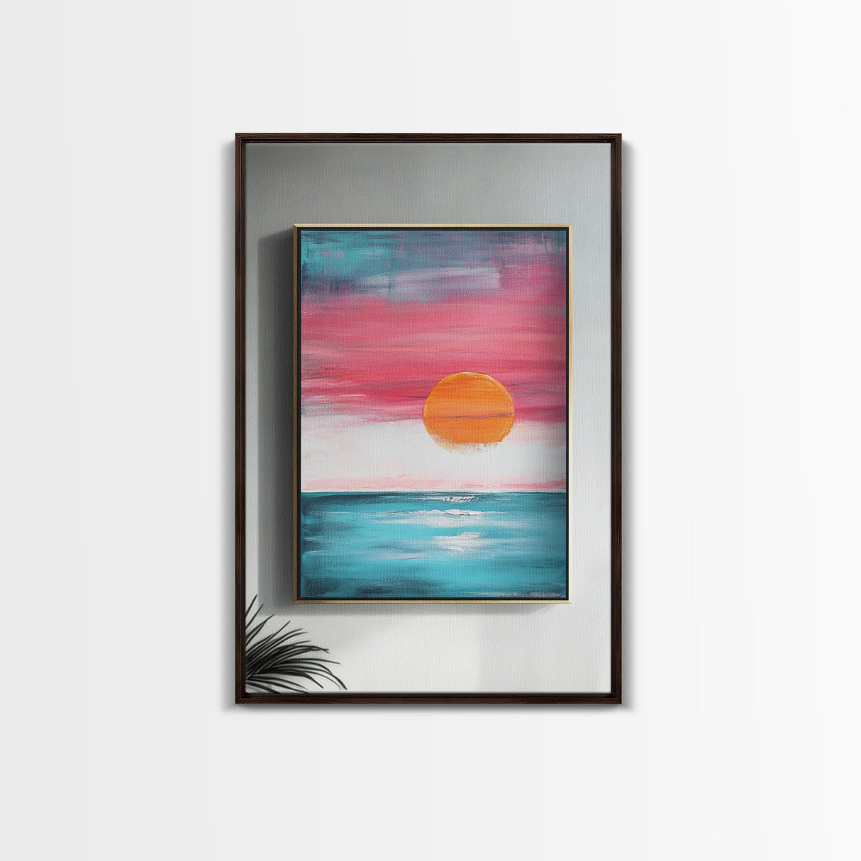 Sunset Horizon, pink orange wall art, nautical painting, coastal decor, above bed wall art, wabi sabi art, Framed Canvas Print, boho art