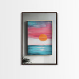 Sunset Horizon, pink orange wall art, nautical painting, coastal decor, above bed wall art, wabi sabi art, Framed Canvas Print, boho art
