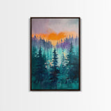 pine tree art, landscape painting, framed canvas print, mountain painting, forest at dusk painting, rustic wall art, gift idea