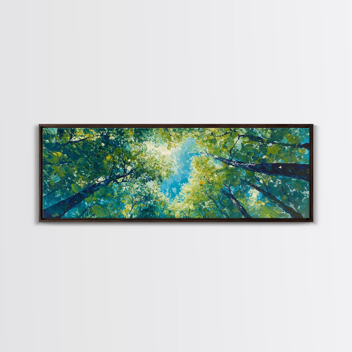 Sunlit Forest Framed Canvas Print Vibrant Nature Wall Art, Green Tree Canopy Painting, Bright Boho Decor, Botanical Living Room Art
