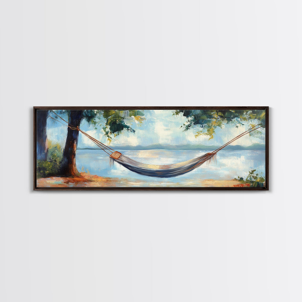 Relaxing Hammock Lake Scene, Tranquil Coastal Art, Serene Nature Painting, Boho Wall Decor, Minimalist Bedroom Art