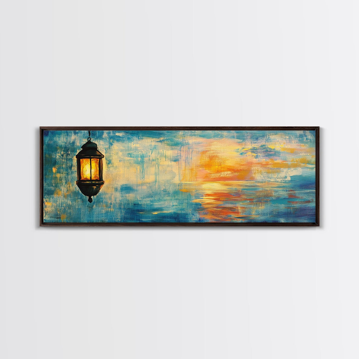 Lantern Glow Sunset Art, Warm Ambient Painting, Nautical Coastal Decor, Rustic Boho Home Wall Art, Relaxing Living Room Art
