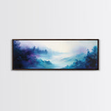 Ethereal Foggy Forest Framed Canvas Print - Mystical Landscape Wall Art, Blue and Purple Nature Decor, Living Room Art