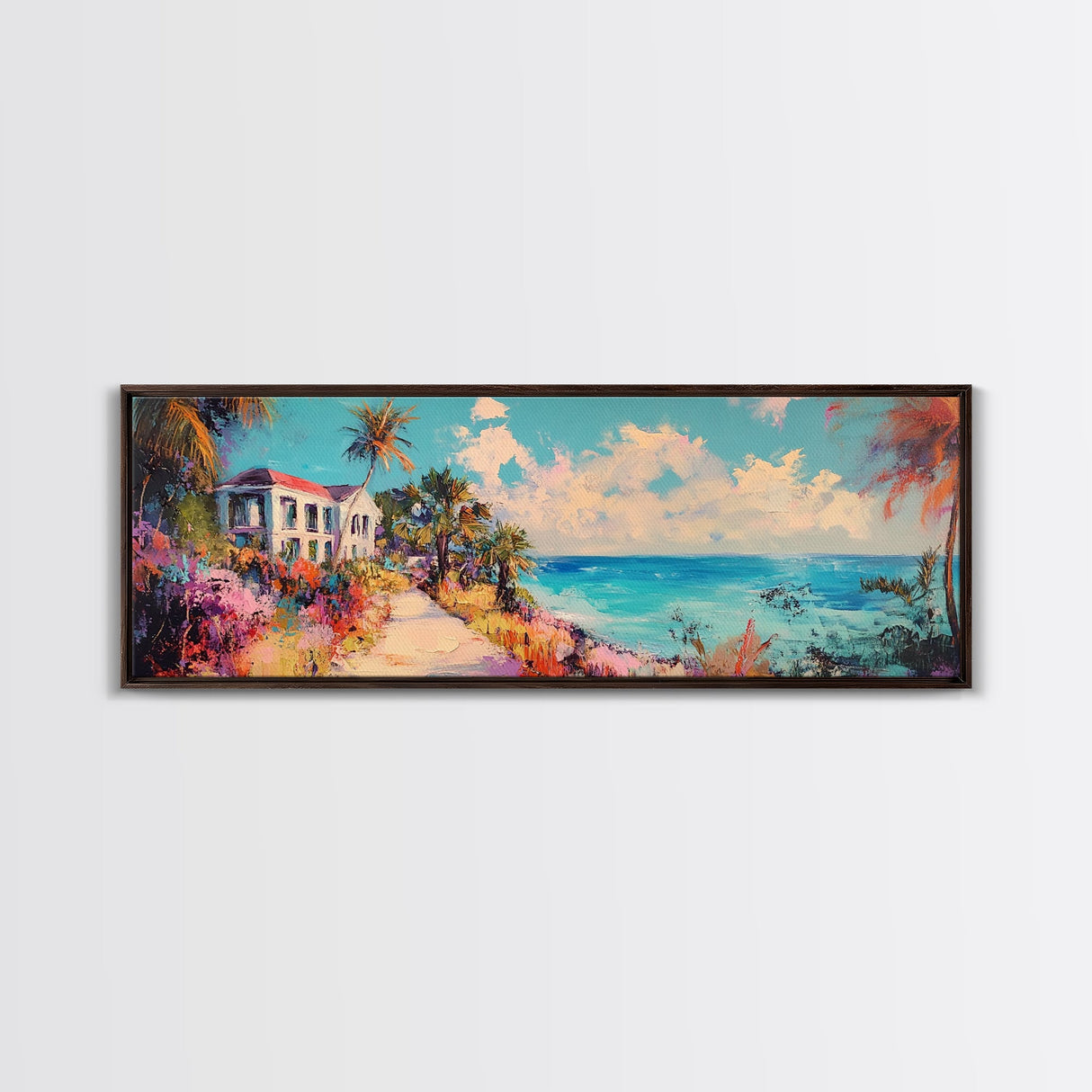 Tropical Beach Canvas Print Coastal House Painting, Palm Tree Art, Vibrant Seaside Wall Decor, Summer Home Decor, Living Room Art