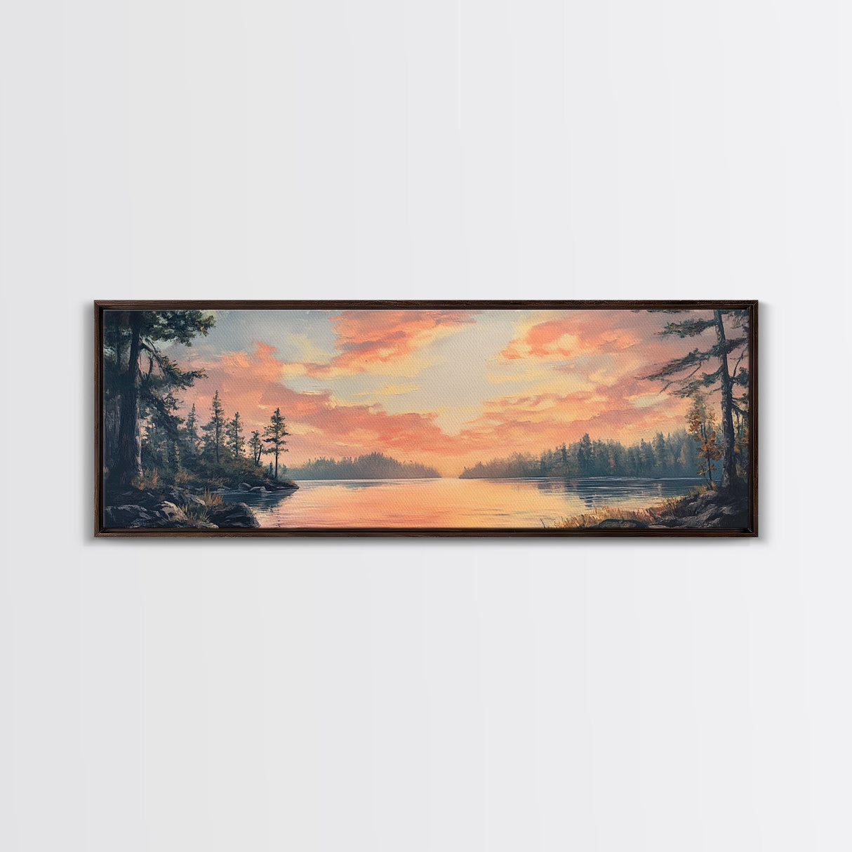 Sunset Lake Reflection Framed Canvas Print Autumn Landscape Warm Tones Nature Wall Art Rustic Cabin Decor Bedroom Living Room