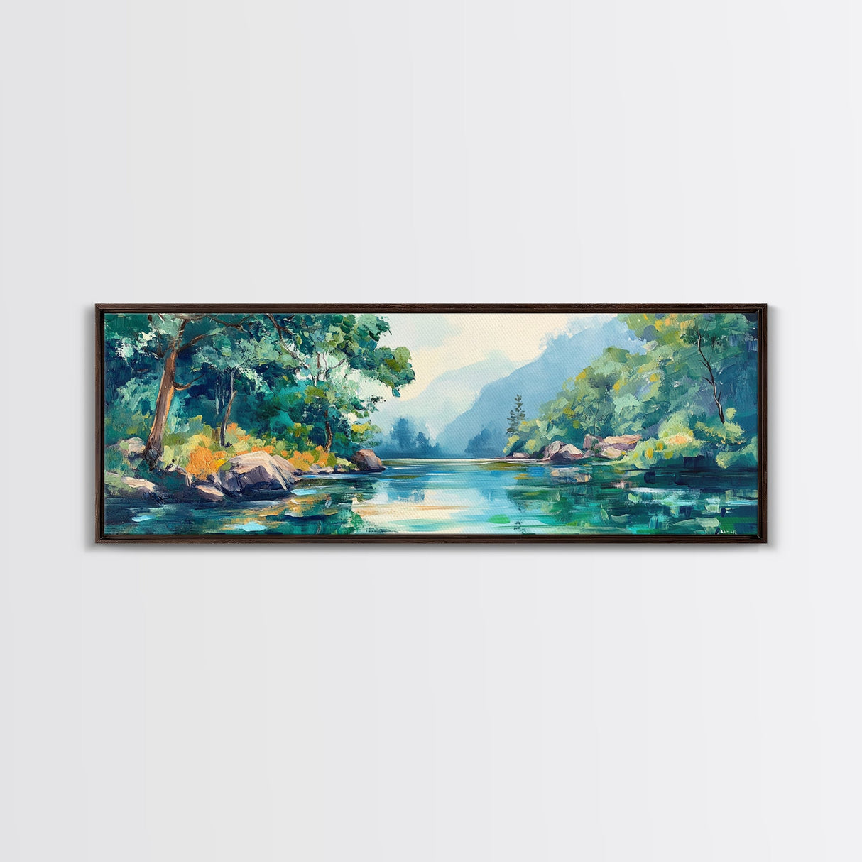 Mountain Lake View Canvas Print, Serene Landscape Painting, Green Nature Wall Art, Living Room Decor, Rustic Cabin Artwork, Gift Idea