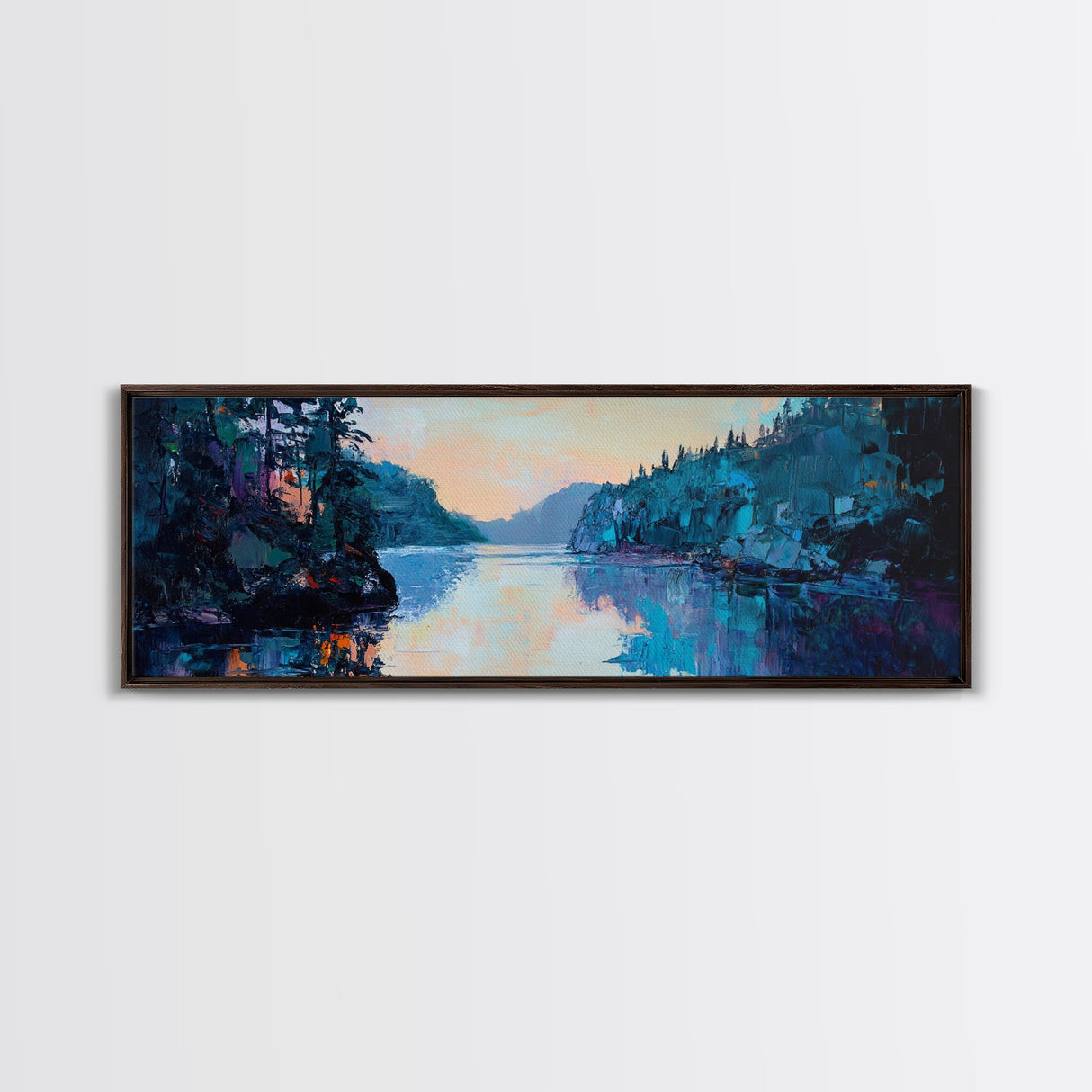 Twilight Lake Reflections Framed Canvas Print, Moody Landscape Painting, Dark Blue Nature Wall Art, Bedroom Art, Wilderness Artwork