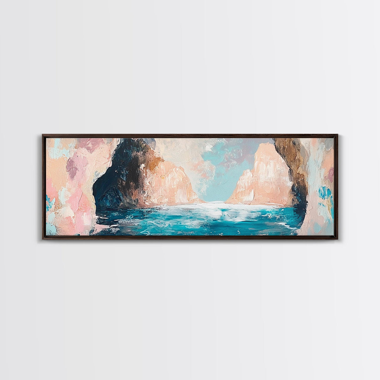 Serene Ocean Cliffs Framed Canvas Print Soft Pastel Coastal Art, Minimalist Seascape Painting, Tranquil Beach Decor, Modern Home Art