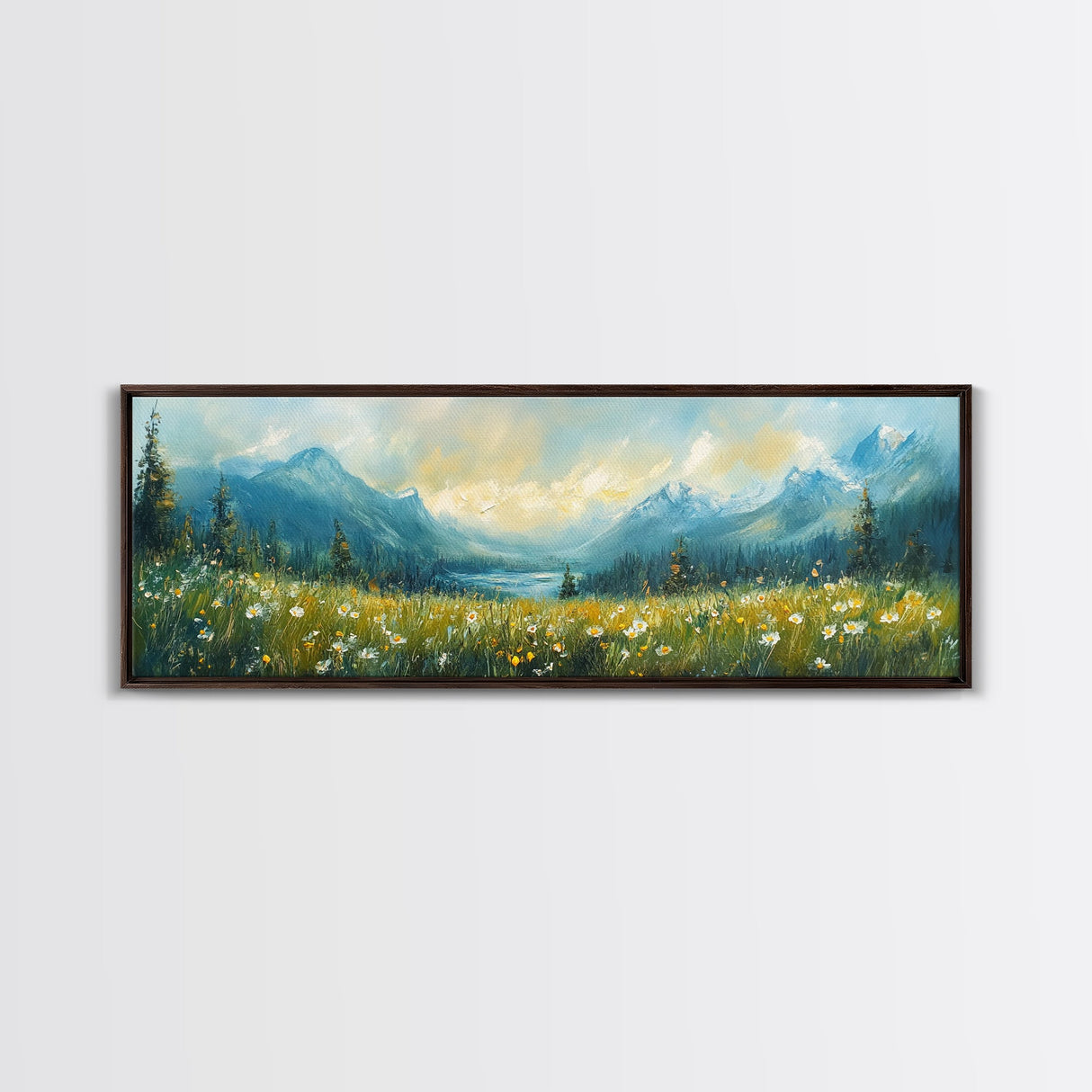 Mountain Lake Meadow Painting, Serene Nature Landscape, Cozy Cabin Art, Blue and Green Rustic Bedroom Wall Decor, Framed Canvas Print