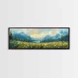 Mountain Lake Meadow Painting, Serene Nature Landscape, Cozy Cabin Art, Blue and Green Rustic Bedroom Wall Decor, Framed Canvas Print