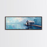 Blue Boathouse Canvas Print Tranquil Lake Scene Wall Art Nautical Cabin Decor Coastal Painting Minimalist Blue Wall Art Living Room