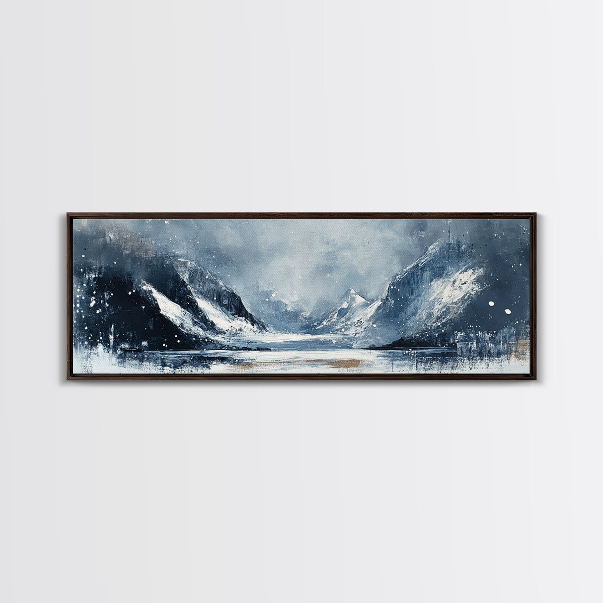 Moody Winter Mountains Framed Canvas Print Dark Landscape Painting Snowy Peaks Rustic Cabin Wall Art Lodge Decor Adventure Gift