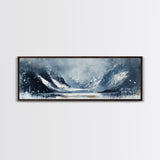 Moody Winter Mountains Framed Canvas Print Dark Landscape Painting Snowy Peaks Rustic Cabin Wall Art Lodge Decor Adventure Gift