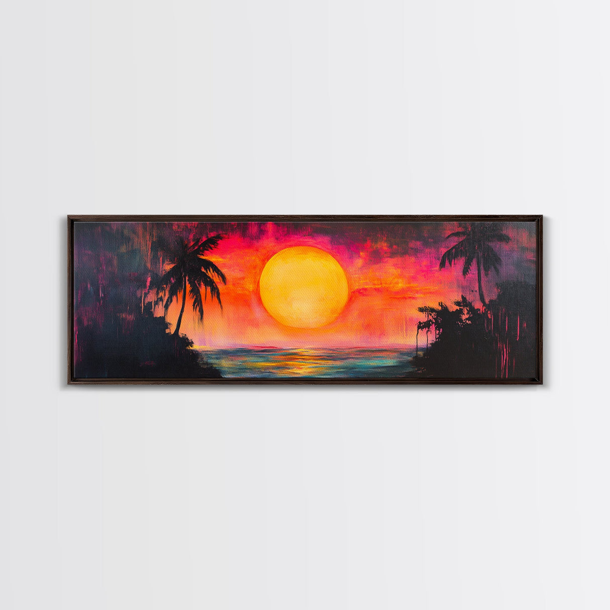 Island Sunset, Tropical Beach Painting, Palm Tree Silhouette, Paradise Art, Framed Canvas Print, Boho Style, Living Room Artwork
