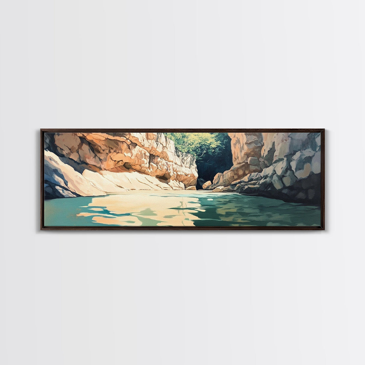 Serene River Canyon Framed Canvas Print Nature Landscape Painting, Rustic Lodge Wall Art, Outdoor Adventure Decor, Water Scene Art