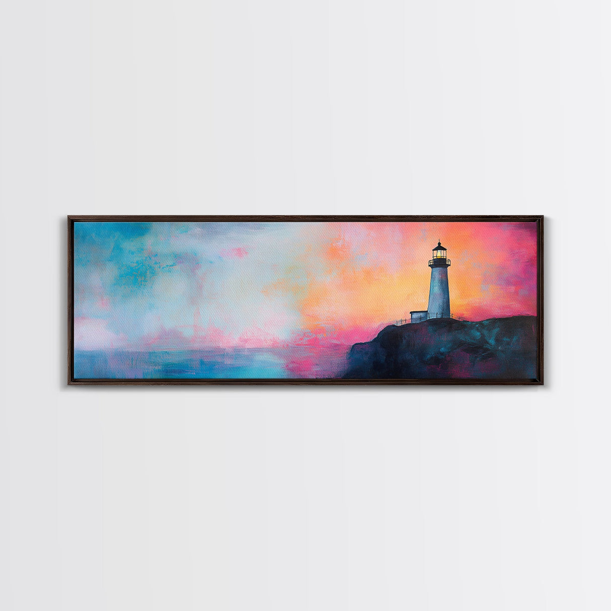 Lighthouse Sunset Canvas Print Nautical Wall Art, Vibrant Coastal Painting, Pink and Blue Seascape, Bedroom Decor