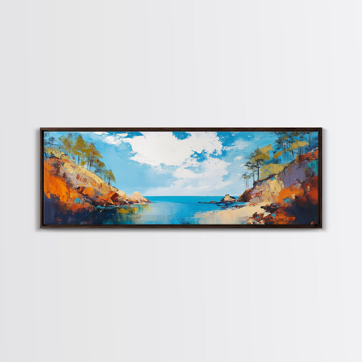 Golden Coast Sunset Framed Canvas Print Bold Landscape Painting, Seaside Scene, Impressionist Coastal Wall Art, Living Room Decor