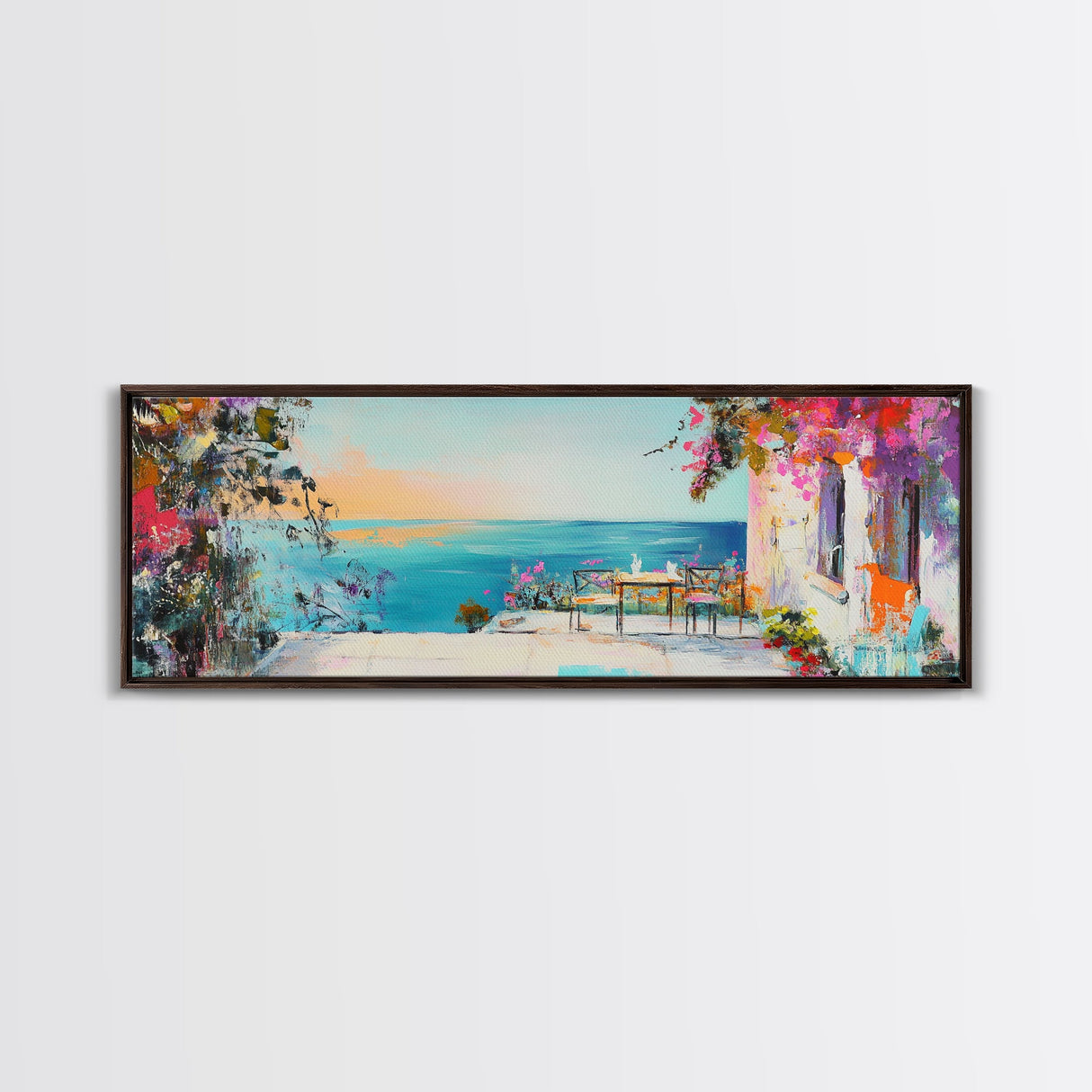 Mediterranean Patio Framed Canvas Print, Coastal Landscape Wall Art, Romantic Seaside Painting, Dining Room Decor, Boho Art