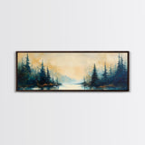 Misty Forest Landscape Wall Art, Blue and Gold Nature Painting, Rustic Cabin Decor, Cozy Woodland Art, Fall Living Room Artwork