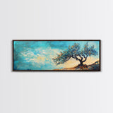 Windswept Tree Landscape Wall Art, Minimalist Nature Painting, Serene Sky Artwork, Zen Meditation Room Decor, Earthy Tones