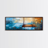 Rustic Wooden Swing by the Ocean, Serene Beach Wall Art, Tranquil Coastal Decor, Dreamy Blue and Gold Painting, Bedroom Artwork