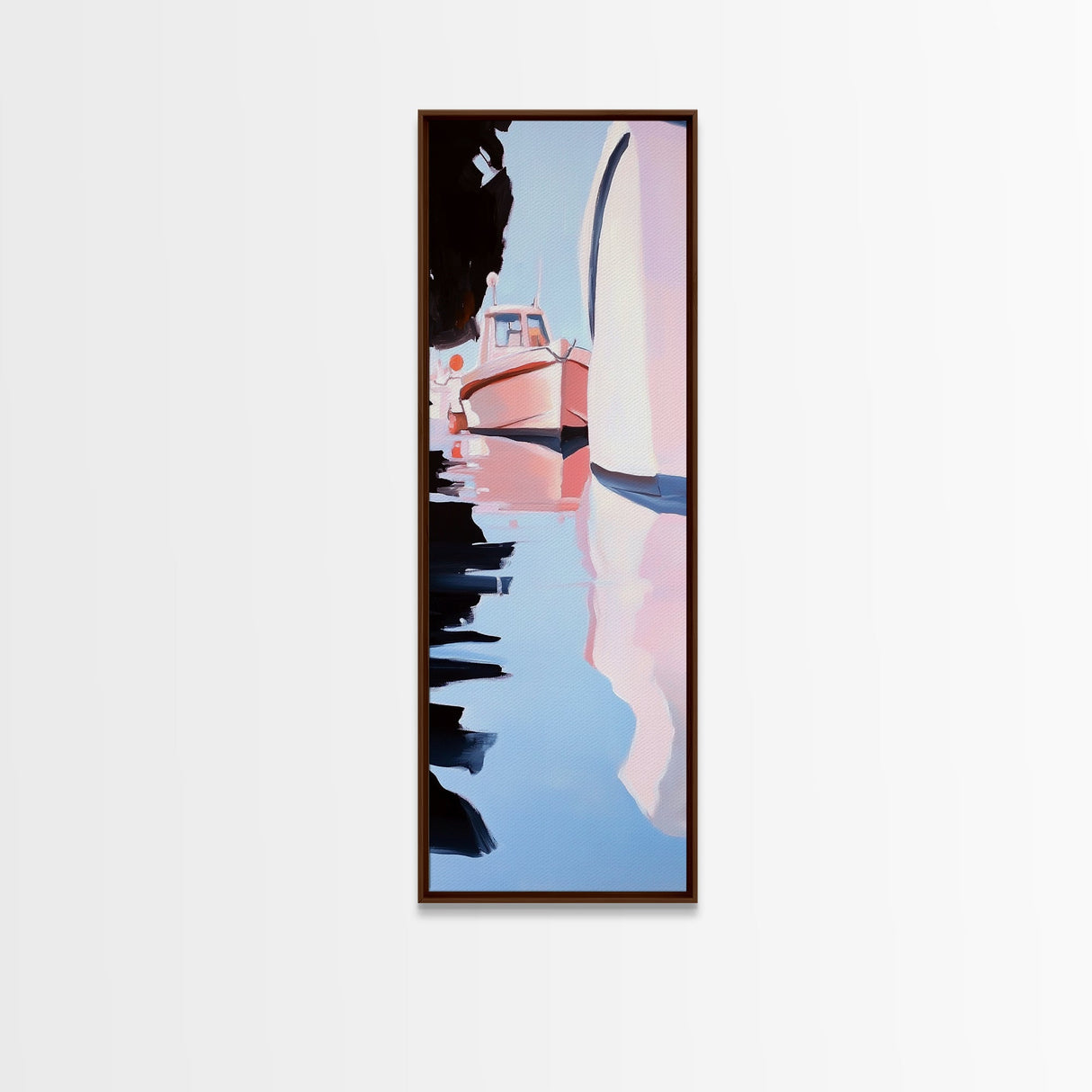 Harbor Reflections, Nautical Wall Art, Coastal Painting, Blue and Pink Decor, Ocean Home, Minimalist Seascape, Framed Canvas Print