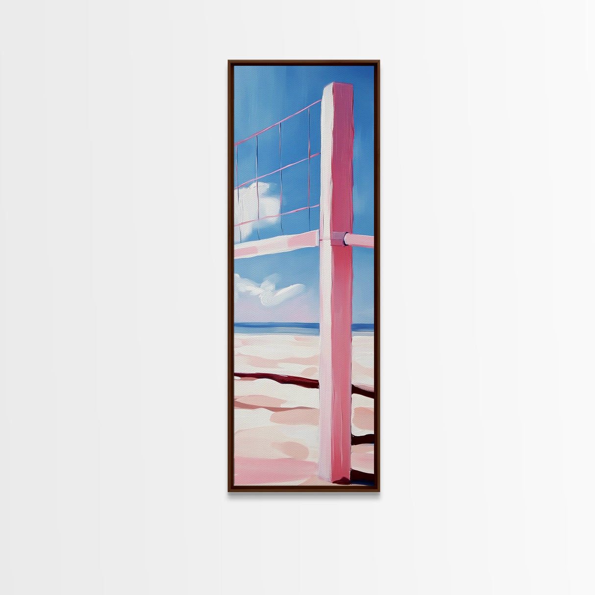 Beach Volleyball Net, Summer Fun, Pink Aesthetic, Framed Canvas Print, Modern Minimalist, Coastal Sports, Vacation Home Wall Art