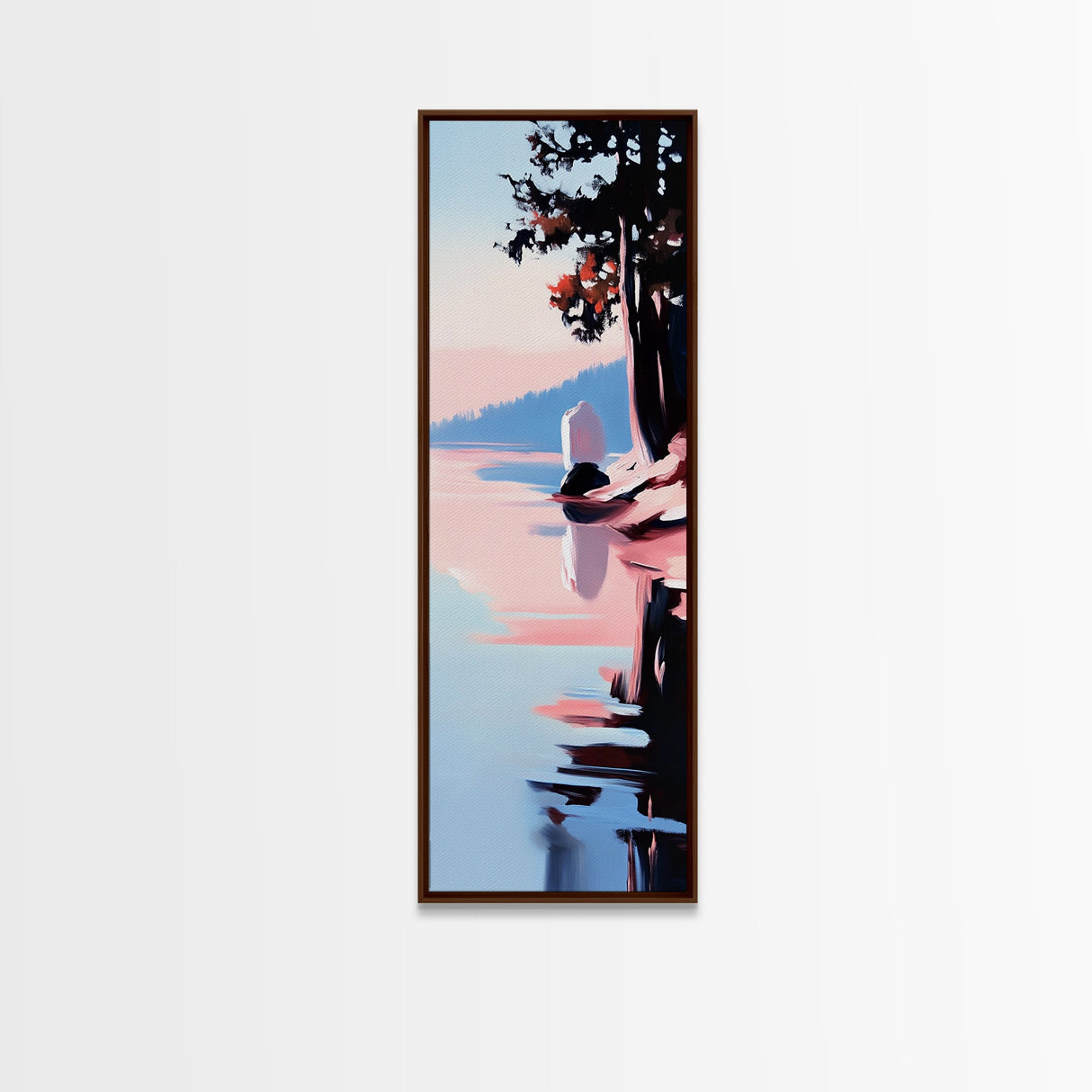 Lakeside Serenity, Moody Nature, Framed Canvas Print, Contemporary Wall Art, Blue and Pink Painting, Living Room Wall Art