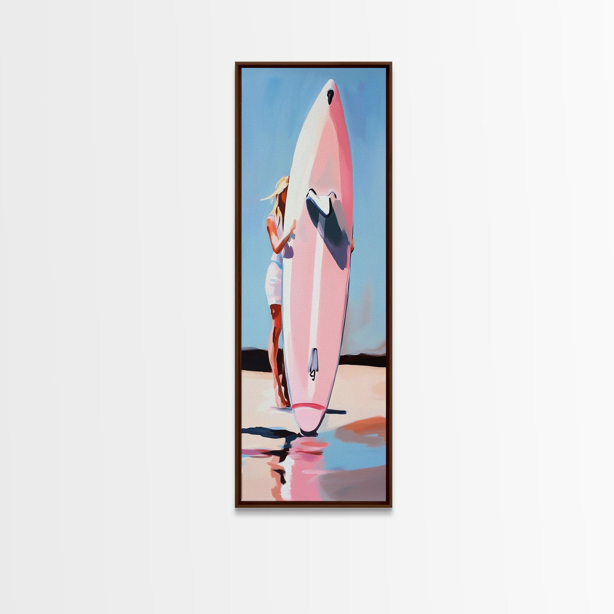 Surfboard Girl, Summer Beach, Coastal Aesthetic, Canvas Print, Boho Wall Art, Minimalist Painting, Living Room Decor, Gift, Pastel