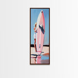 Surfboard Girl, Summer Beach, Coastal Aesthetic, Canvas Print, Boho Wall Art, Minimalist Painting, Living Room Decor, Gift, Pastel