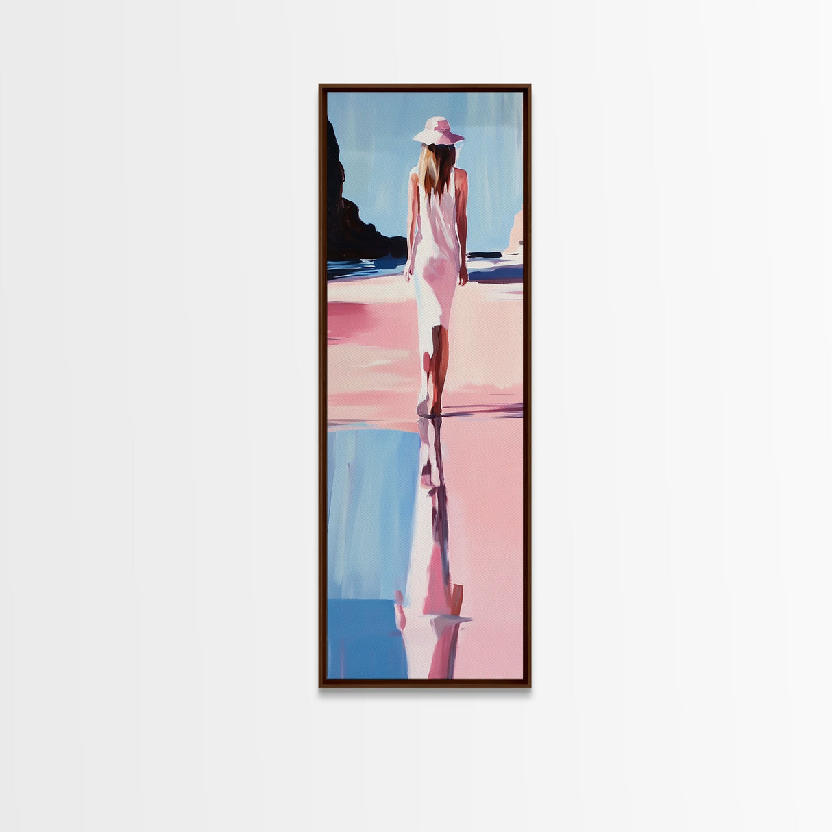 Woman in White, Beach Walk, Elegant Minimalist Art, Framed Canvas Print, Feminine Aesthetic, Living Room Art, Pastel Color Palette