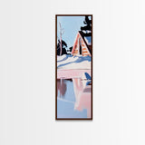 Winter Cabin, Snowy Reflections, Framed Canvas Print, Cozy Rustic Wall Art, Nordic Aesthetic, Minimalist Landscape, Bedroom Decor