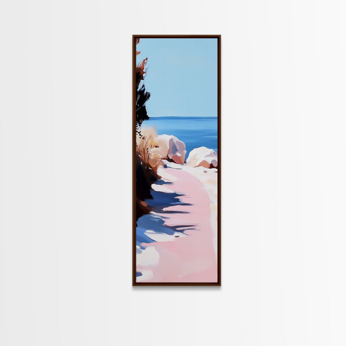 Sunset Pathway, Tranquil Nature Art, Serene Beach Scene, Pastel Landscape, Warm Toned Painting, Dreamy Home Decor, Framed Canvas Print
