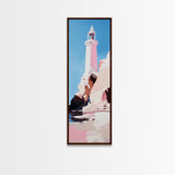 Lighthouse Art, Coastal Wall Decor, Nautical Painting, Ocean Wall Art, Minimalist Seascape, Blue Sky Print, Framed Canvas Print