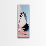Ocean Boat, Seascape, Nautical, Modern Art, Coastal Wall Decor, Beach House, Minimalist, Blue, White, Framed Canvas Print