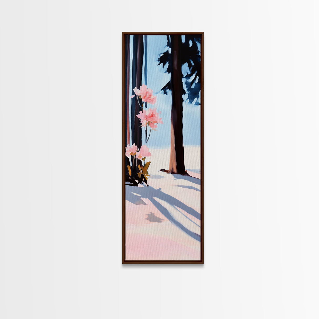 Floral Winter, Botanical Wall Art, Pink Flower Snow Scene, Nature-Inspired Artwork, Minimalist Forest Painting, Canvas Print, Office Wall Art
